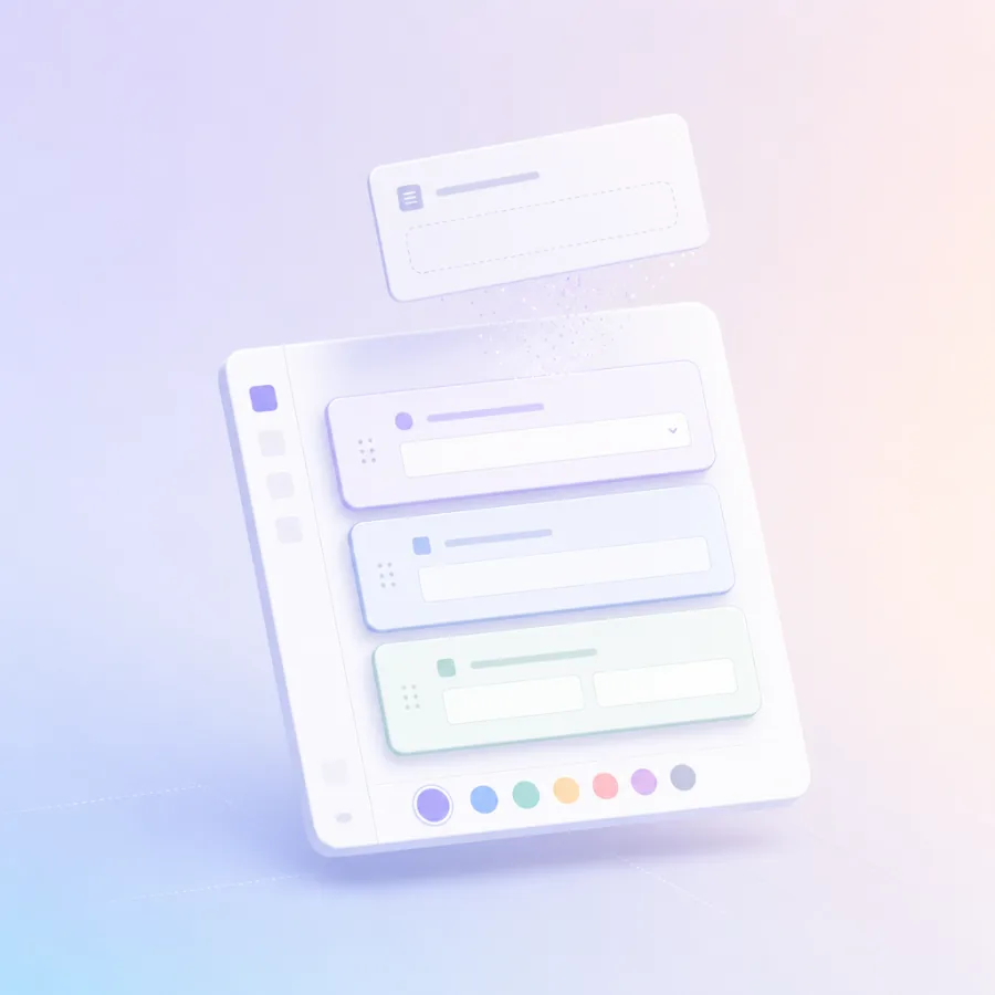 Online form builder editor assembling question blocks with a colour theme row