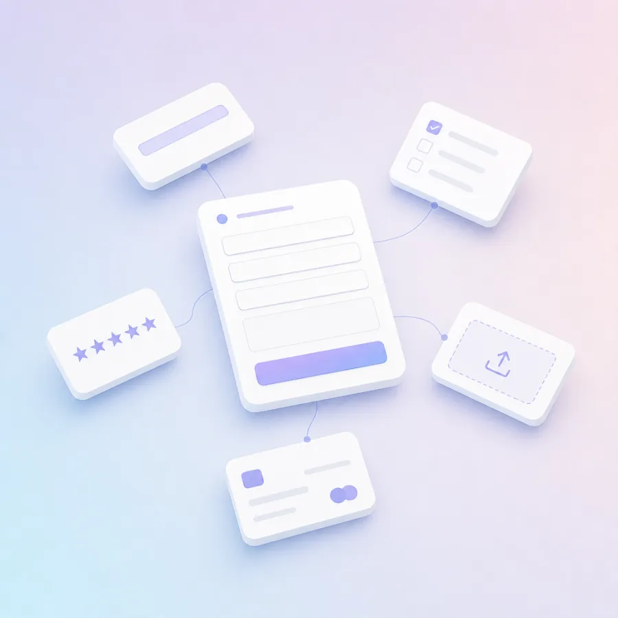 Form field types including text, checkboxes, star ratings, file uploads and payments connected to a form