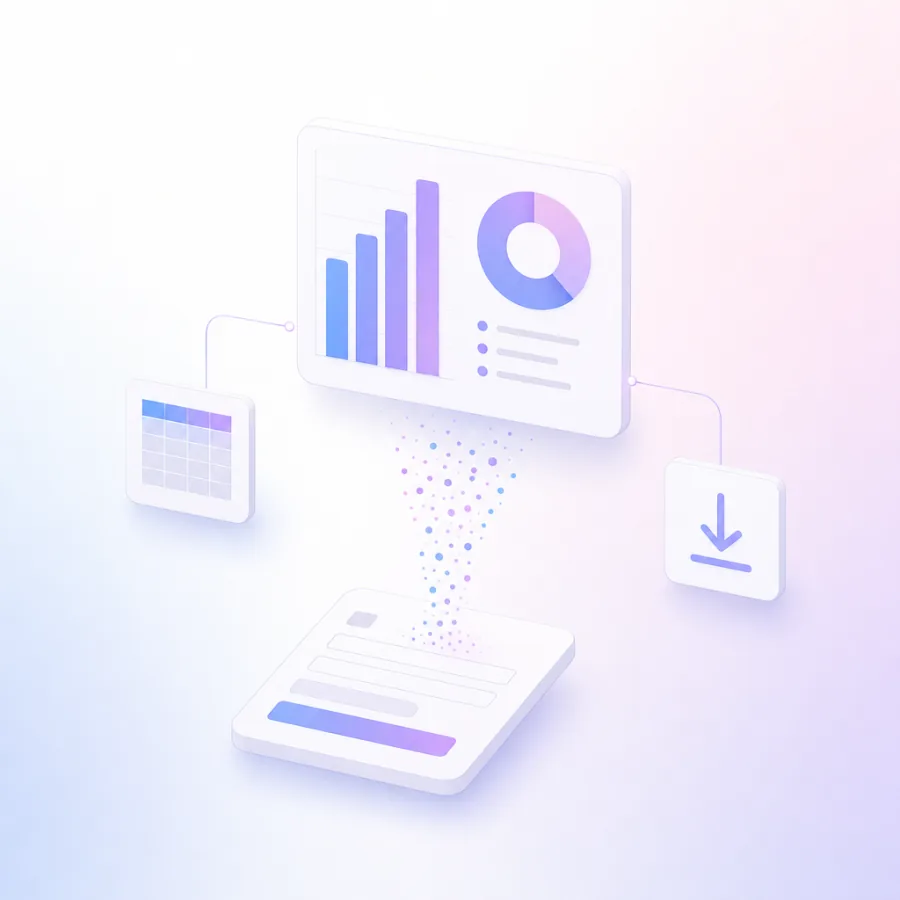 Form responses flowing into a results dashboard with charts, spreadsheet and export tiles