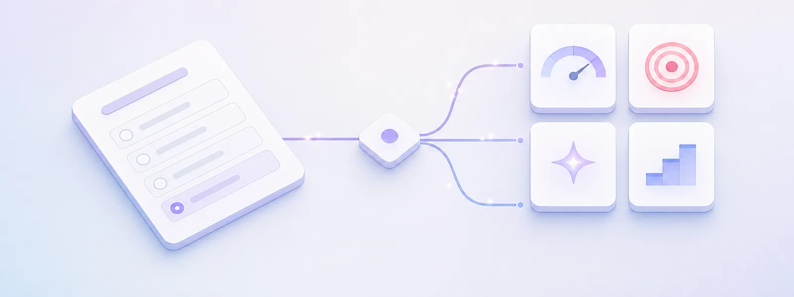 Lead generation quiz branching into four quiz shapes: diagnostic gauge, product finder target, personality spark and readiness steps