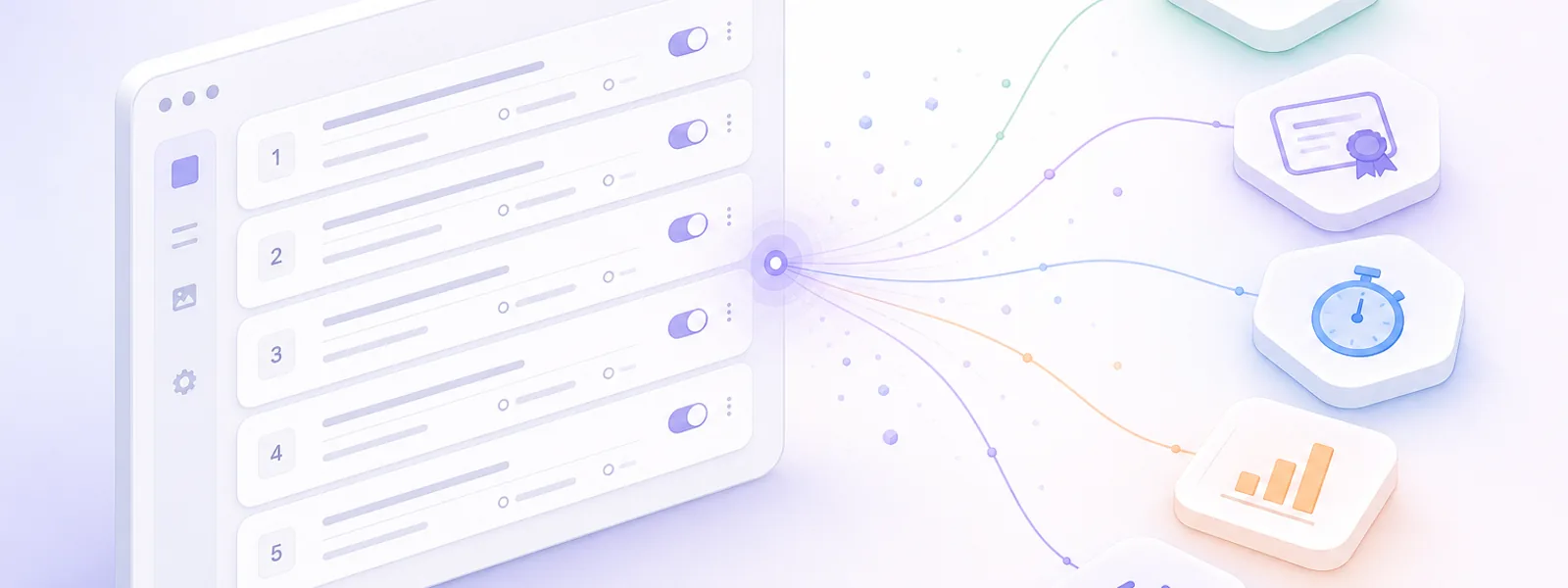 Quiz editor card connected to feature tiles for grading, certificates, timers, results and embedding