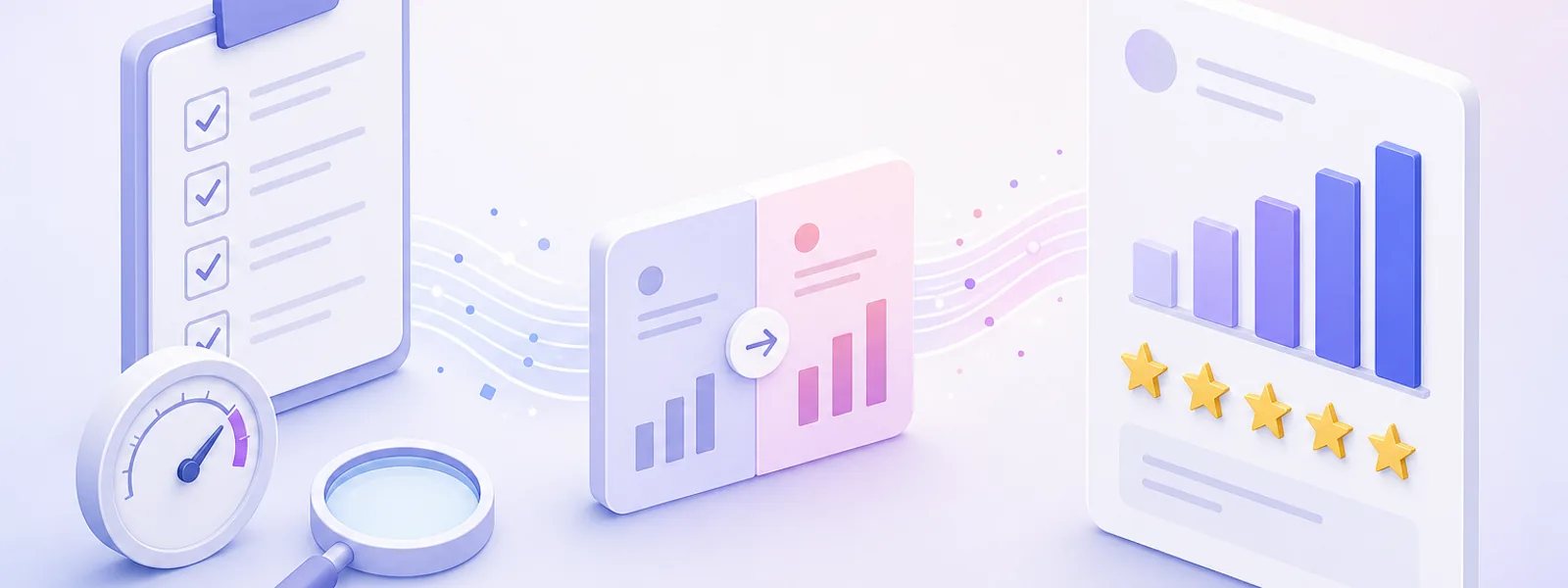 Evaluation survey questions moving from checklist and gauge tiles to a results card with charts and stars
