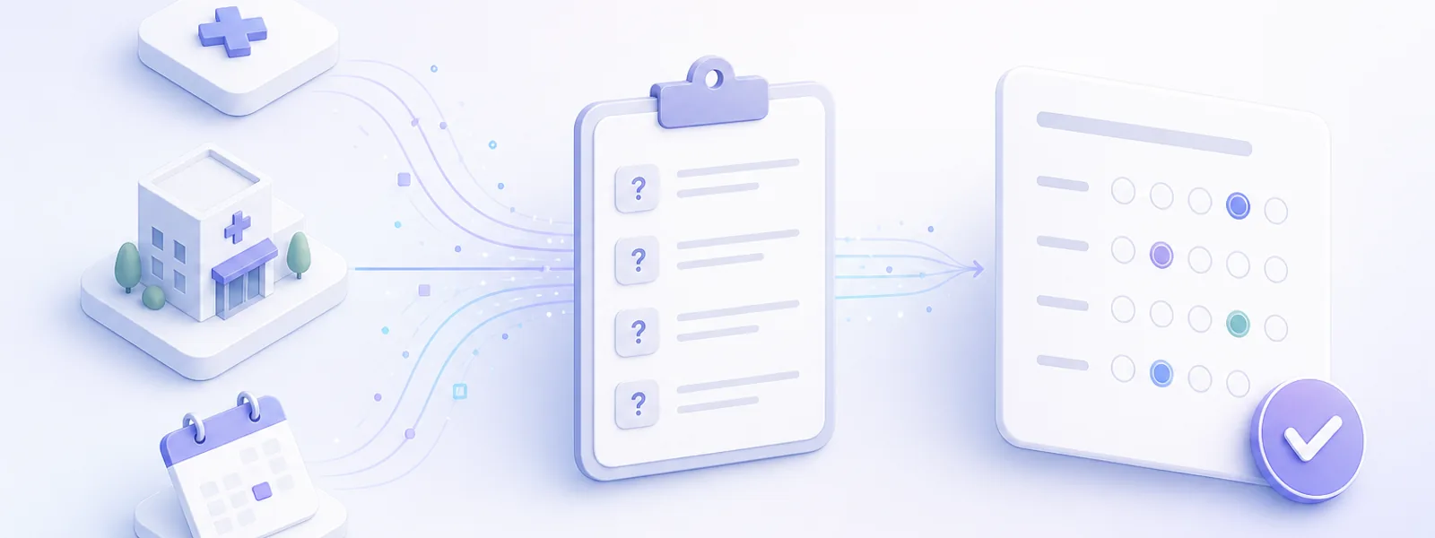 Healthcare survey questions linking clinic and appointment tiles to a patient feedback survey card