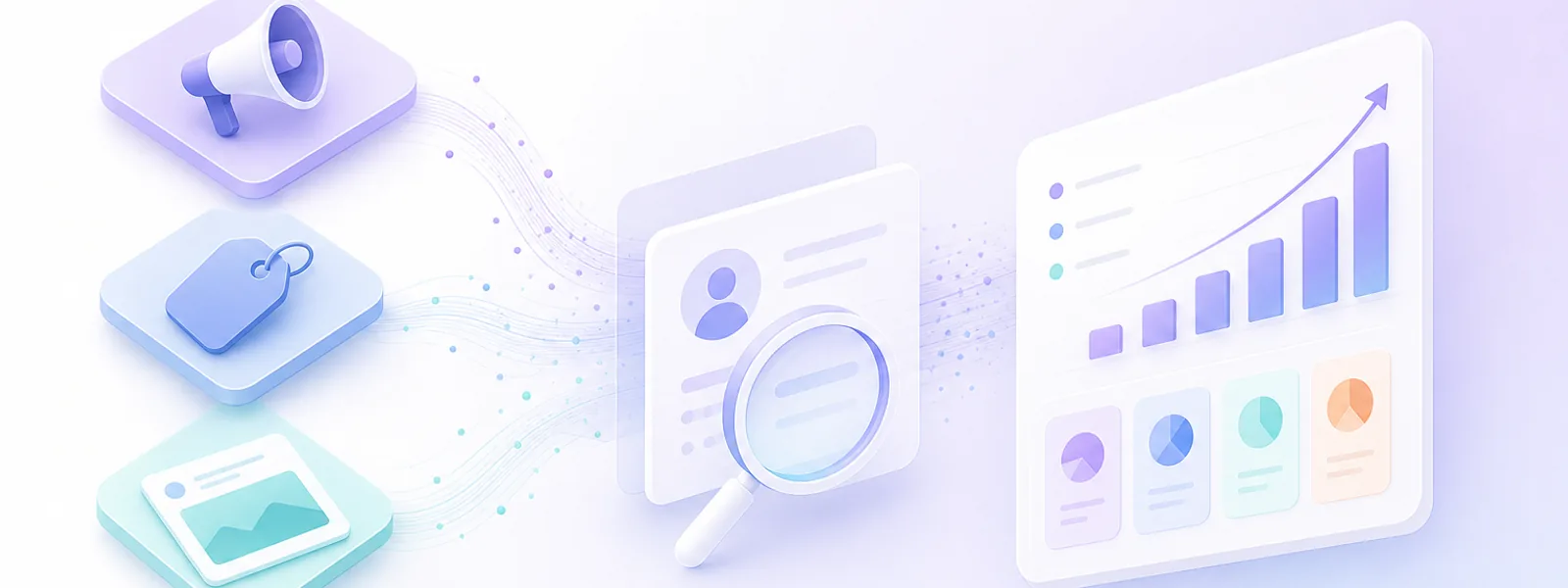 Marketing survey questions connecting brand and ad elements to a survey results card with audience segments