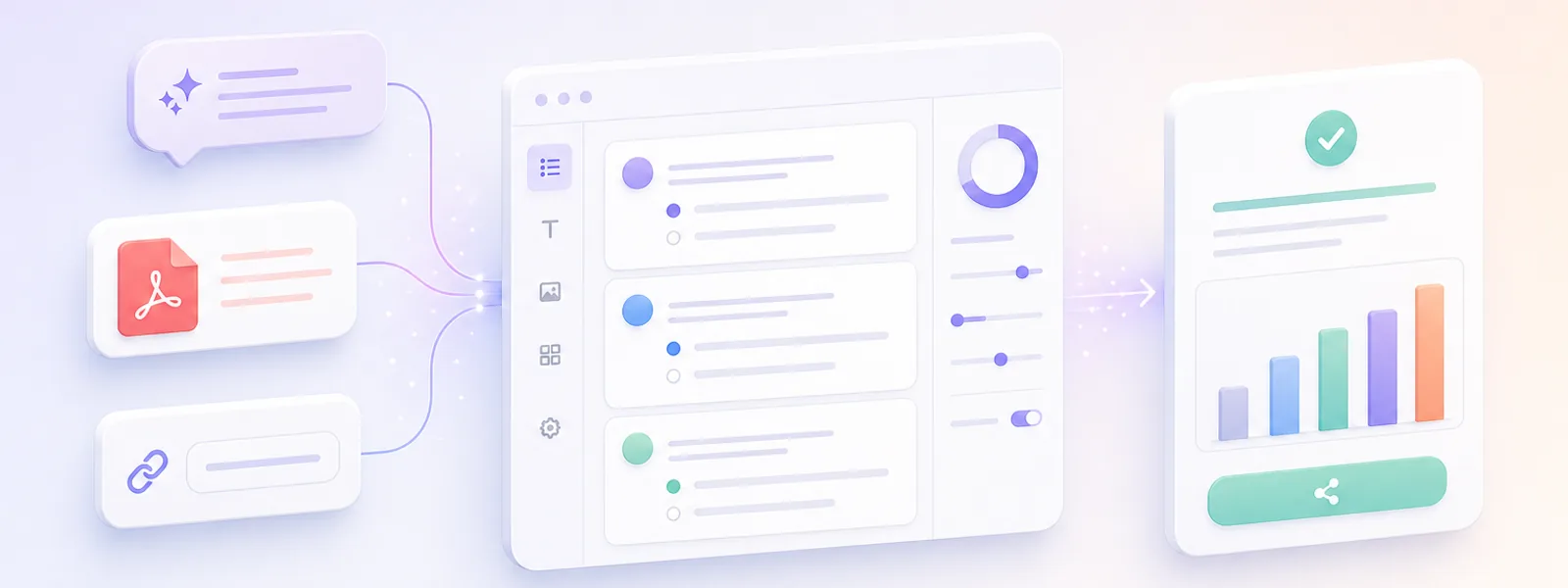 An AI prompt and PDF source flowing through a quiz editor into a published quiz with results dashboard