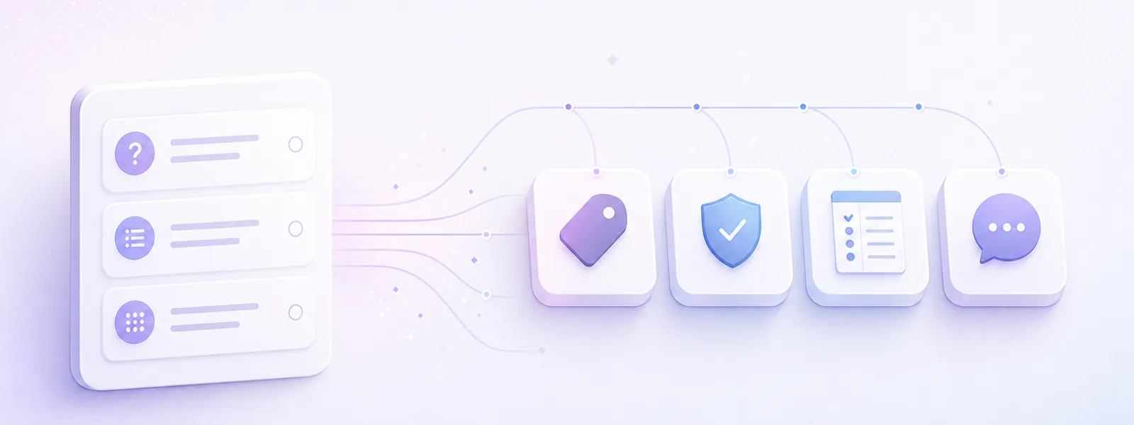A central quiz card connecting outward to platform tiles for pricing, security, comparison and support