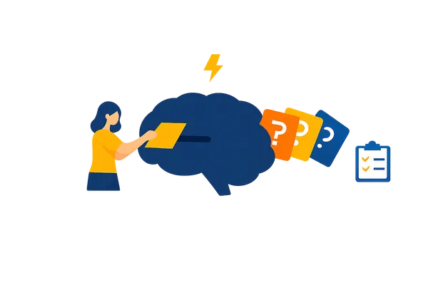 Flat illustration of an AI brain generating quiz cards