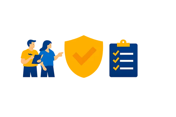 Flat illustration of a shield with checkmark and compliance checklist