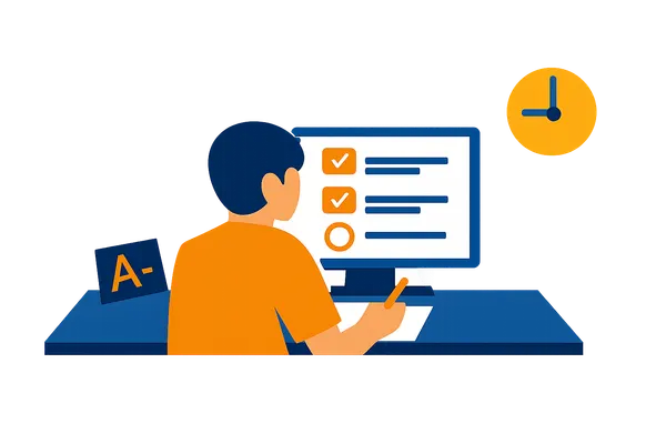 Flat illustration of an online exam with timer and grade report