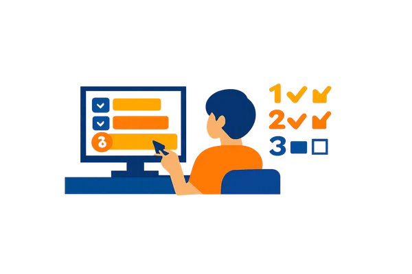 Flat illustration of a person creating a quiz step by step