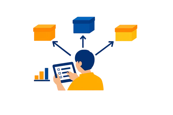 Flat illustration of a product recommendation quiz branching to results