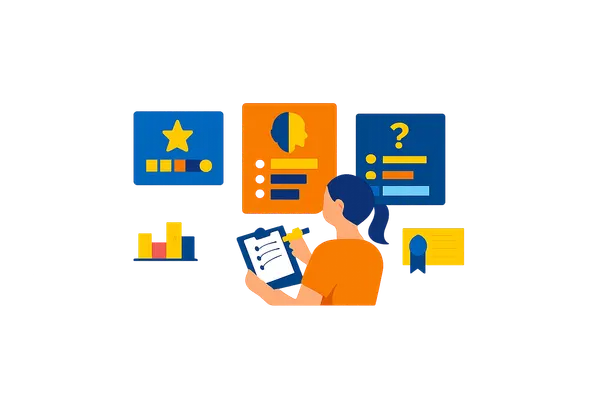 Flat illustration of a person browsing quiz examples