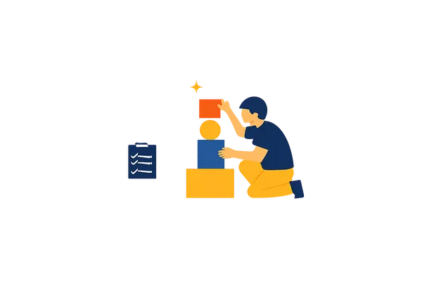 Flat illustration of a person building a quiz from question blocks